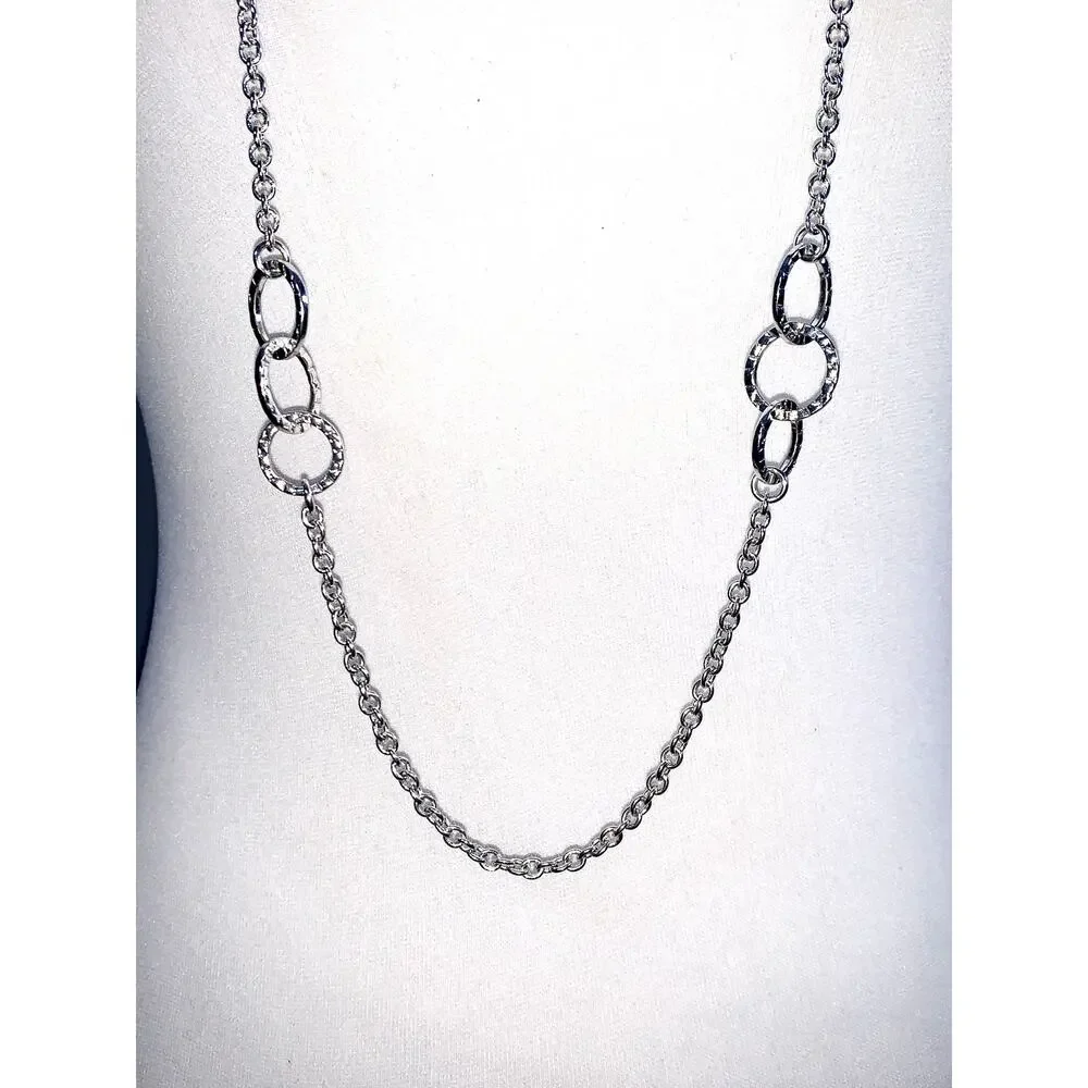 Banana Republic Hammered Silver Interlocking Rings Long Statement Necklace